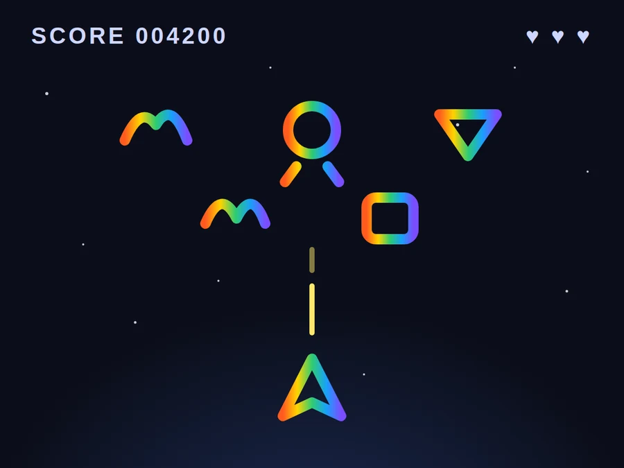 GoGoLogo game: colorful drawings as the ship and enemies in an arcade shooter